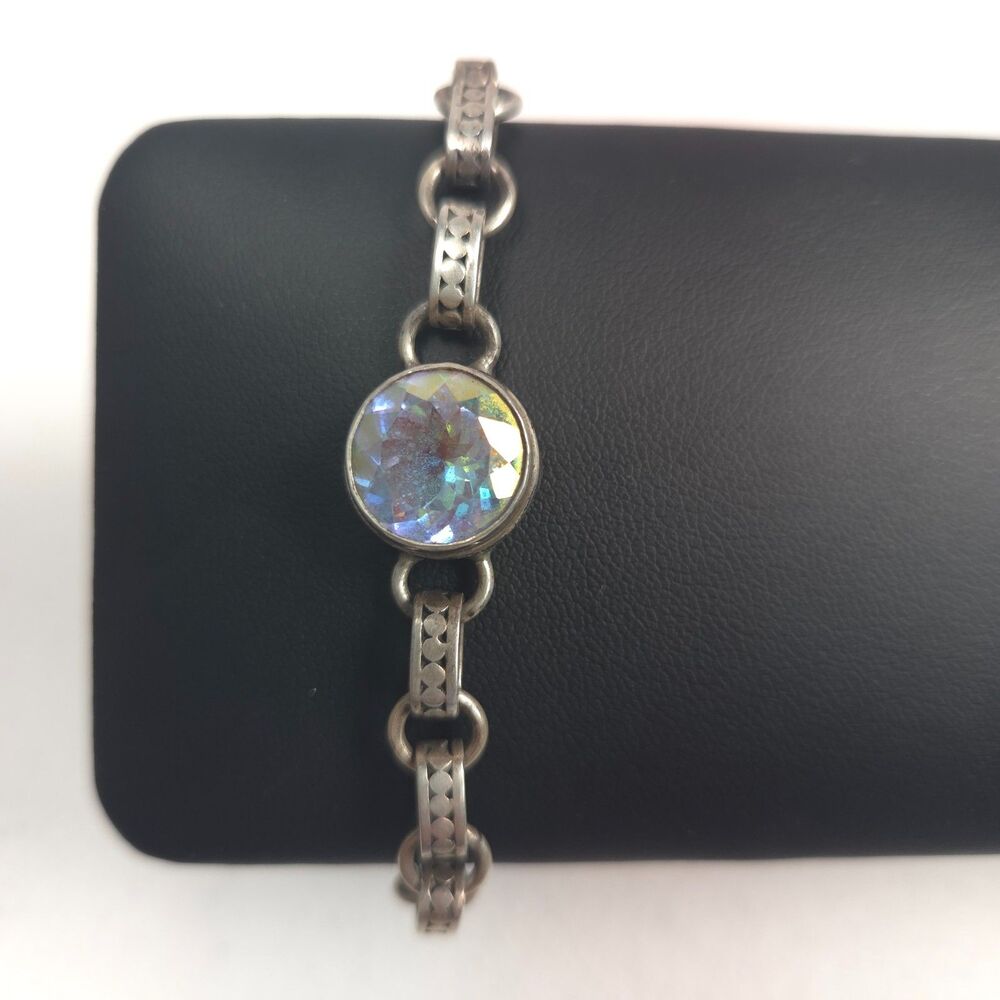 Vintage Sterling Silver AB Crystal Chain Link Bracelet 7.5 Toggle Clasp